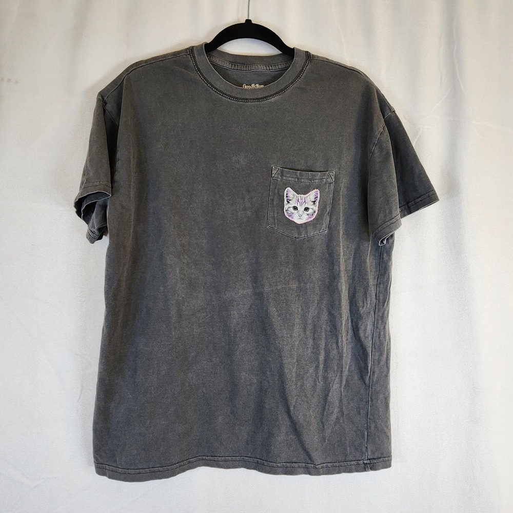 Womens Upcycled Shirt Gray Sz M Cat Face Patch Pocket Hand Embroidered Detail